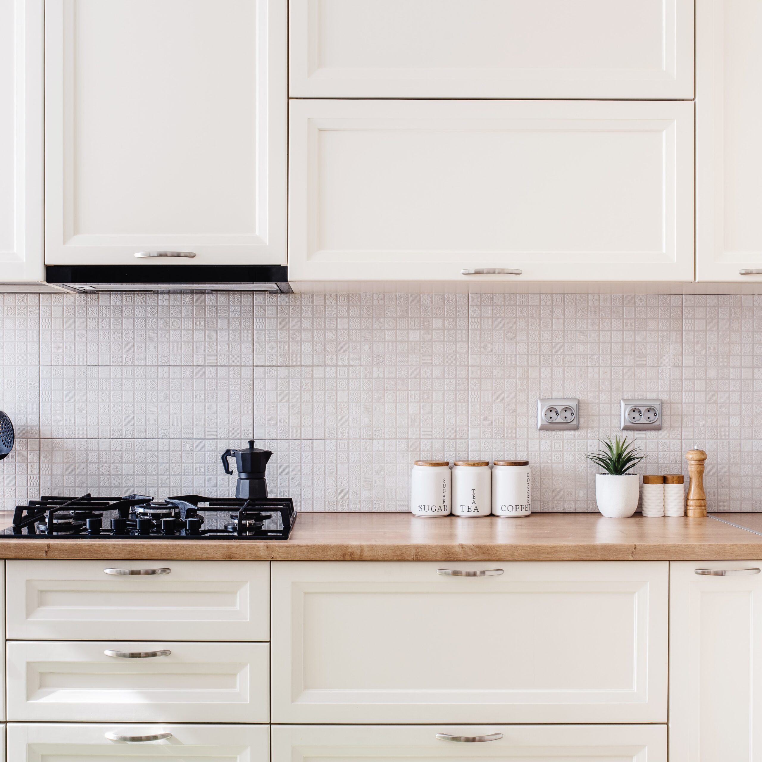 Details of luxurious kitchen, modern wooden furniture